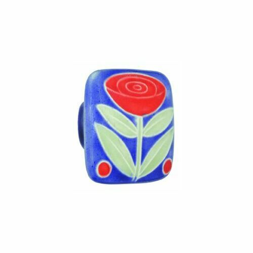 Acorn PSLYP Large Square Dark Blue Flower Ceramic Cabinet Pull with 2 Berries