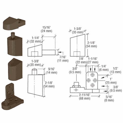 CRL 0P41RHDU Dark Bronze Right-Hand Offset Pivot Set with 3/32