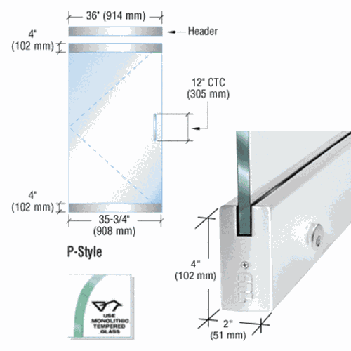 CRL P4PS12SEL Frameless Glass 3' P-Style Polished Stainless Single Door Kit with Lock