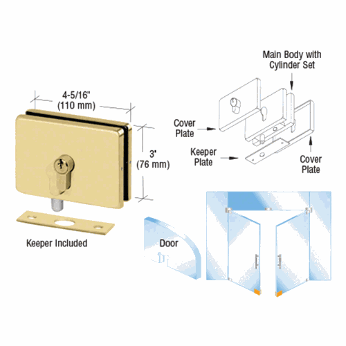 CRL EUR680BR Polished Brass EUR Series Glass-Mounted Patch Lock with Keeper Plate
