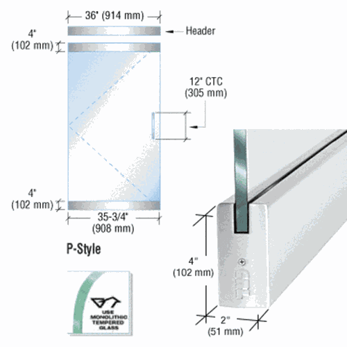 CRL P4PS12SE Frameless Glass 3' P-Style Polished Stainless Single Door Entrance Kit