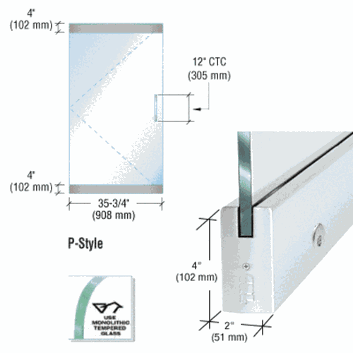 CRL P4SA12SL Frameless Dry Glazed 3' P-Style Satin Anodized Single Door Kit with Lock