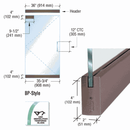 CRL BP4DU12SE Black/Bronze Anodized Frameless Glass 3' BP-Style Single Door Kit
