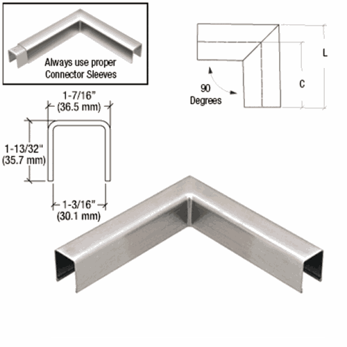 CRL L10HBS 316 Brushed Stainless L10 U-Channel 90 Corner for 21.52mm Glass Railing