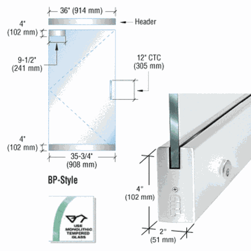 CRL BP4PS12SEL Frameless Glass 3' BP Polished Stainless Single Door Kit with Lock