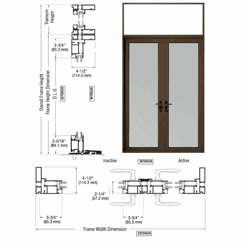 CRL PNL92522P0 U.S. Aluminum Class I Bronze Black Anodized Series 925 Transom Patio Door Pair