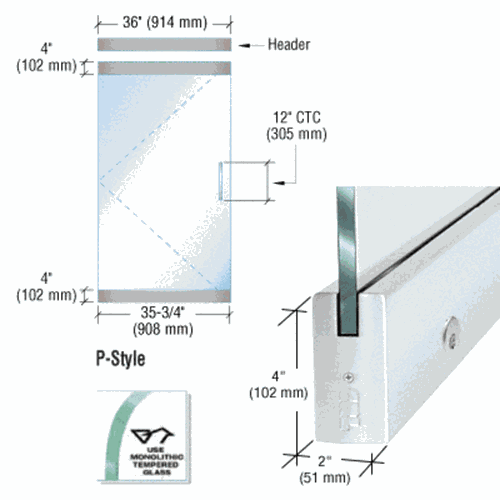 CRL P4SA12SEL Frameless Glass 3' P-Style Satin Anodized Single Door Entrance Kit with Lock