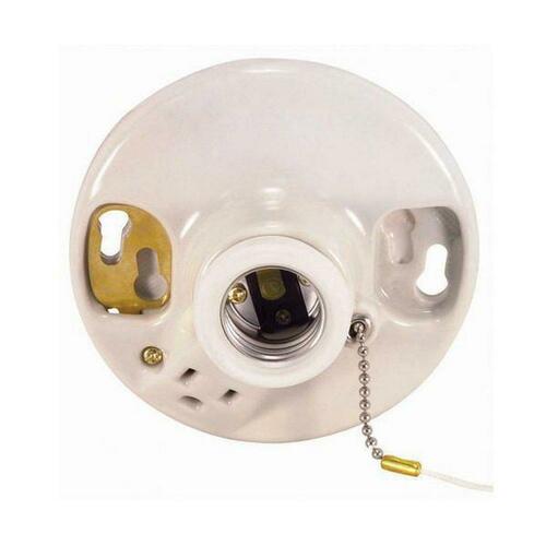 Satco 90/444 White Porcelain Pull Chain Receptacle with Outlet