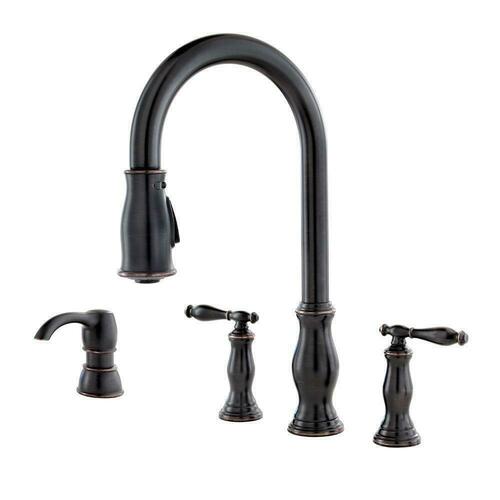 Pfister F-531-4HNY Tuscan Bronze Two-Handle Pull-Down Kitchen Faucet with Soap Dispenser