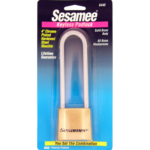 CCL K440 Sesamee Brass Padlock, 4-Dial Resettable, 4in Chrome Shackle - Carded