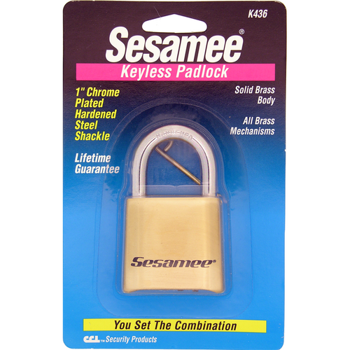 CCL K436 Sesamee Brass Padlock, 4-Dial Resettable, 1in Chrome Shackle, Carded
