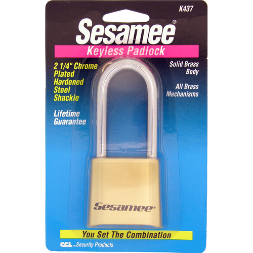 CCL K437 Sesamee Brass Padlock, 4-Dial Resettable, Chrome Shackle, Carded