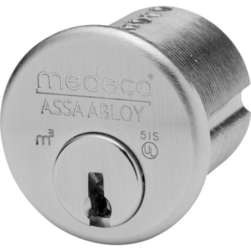 Medeco 100200-T-26-DL-P M3 Mortise Cylinder 1-1/8in, 6-Pin, DL Keyway, 2 Keys, Satin Chrome