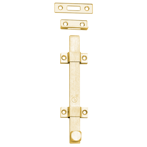 Rockwood 580-8 US3 8in Heavy Duty Fire Rated Surface Bolt, 1/4in x 3/4in Steel, Bright Brass