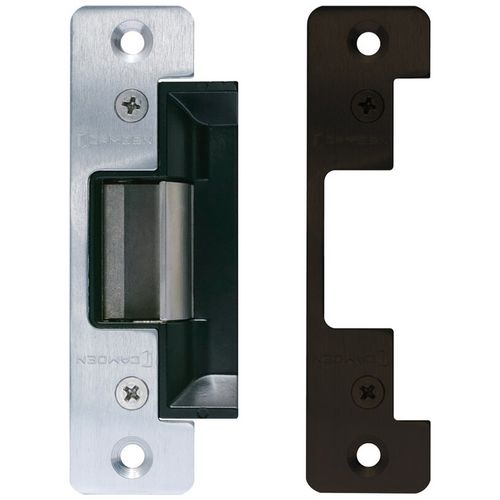Camden CX-ED1379 Grade 1 Electric Strike for Narrow Stile Aluminum Doors. Containes The Strike Body with (2) Ansi Round Face Plates, One with Brushed Aluminum Finish and One with Dark Bronze Finish.