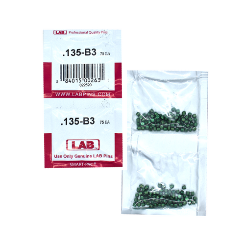 LAB 135B .135 Brass Bottom Pin, Color-Coded, .115 Dia, Crown .003, Smart Pack 150 Pins