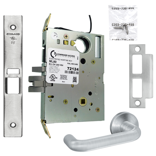 Command ML80EU-24-03B-626-LC KIT - 03B Electrified Schlage Mortise Lock, 24V Fail Secure, Satin Chrome