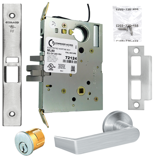 Command ML80EU-24-06A-626-SC KIT-06A Schlage 24V Fail Secure Mortise Lock, Electric Unlocked, C Keyway, Satin Chrome