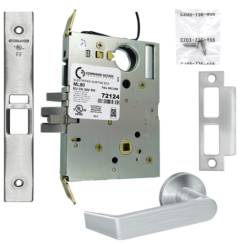 Command ML80EU-24-06B-626-LC KIT - 06B Electrified Schlage Mortise Lock, 24V Fail Secure, Satin Chrome