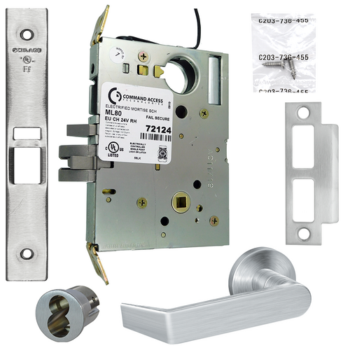 Command ML80EU-24-06B-626-LFIC KIT-06B Electrified Schlage Mortise Lock, 24V Fail Secure, Satin Chrome