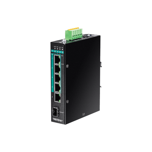 TRENDnet TI-PG541I 6-Port Hardened Industrial Gigabit PoE+ Layer 2 Managed Din-Rail Switch, Black