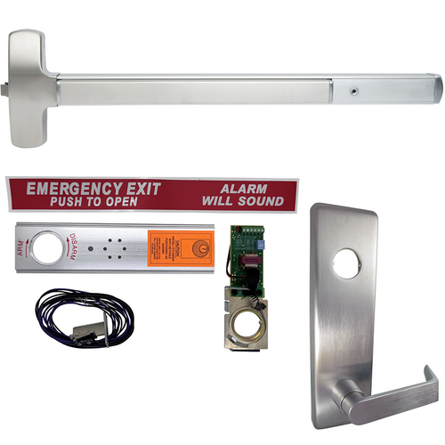 Falcon Lock EA-F25R-L-DAN-US26D-36-RHR Exit Alarm Fire Rated Rim Device, Dane Lever Trim 510L, 36in, Grade 1, Satin Chrome