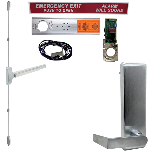 Falcon Lock EA-25V-L-BE-DAN-US26D-36X96-LHR SVR Surface Vertical Rod Exit Alarm Device, Blank Escutcheon, Dane Lever Trim