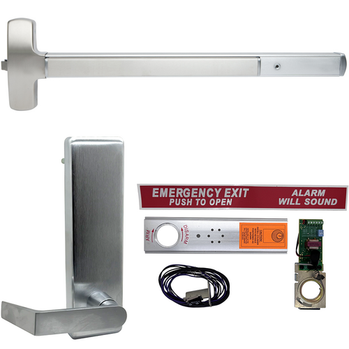Falcon Lock EA-F25R-L-BE-DAN-US26D-36-LHR Exit Alarm Fire Rated Rim Exit Device, Dane Lever Trim 510L-BE, 36in, LHR, Satin Chrome