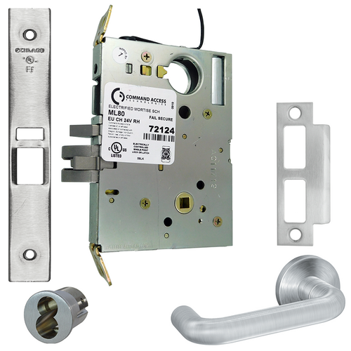 Command ML80EU-24-03A-626-LFIC KIT-03A Electrified Schlage Mortise Lock, 24V Fail Secure, LFIC Prep, Satin Chrome
