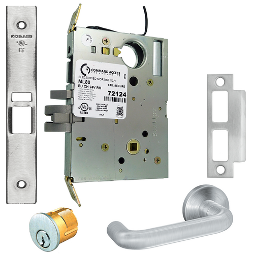 Command ML80EU-24-03A-626-SC KIT-03A Schlage 24V Fail Secure Mortise Lock, Electric Unlocked, C Keyway, Satin Chrome