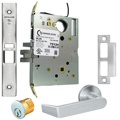 Command ML80EU-24-06B-626-SC KIT-06B Electrified Schlage Mortise Lock 24V Fail Secure C Keyway Satin Chrome