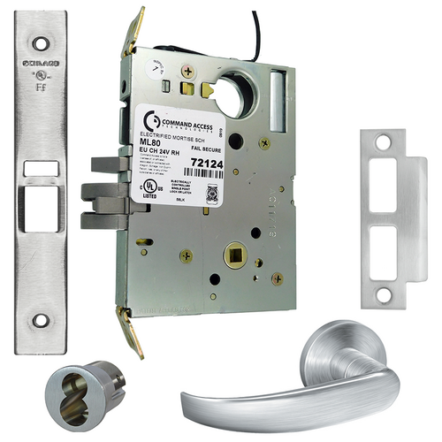 Command ML80EU-24-17A-626-LFIC KIT - 17A Electrified Schlage Mortise Lock, 24V Fail Secure, LFIC Prep, Satin Chrome