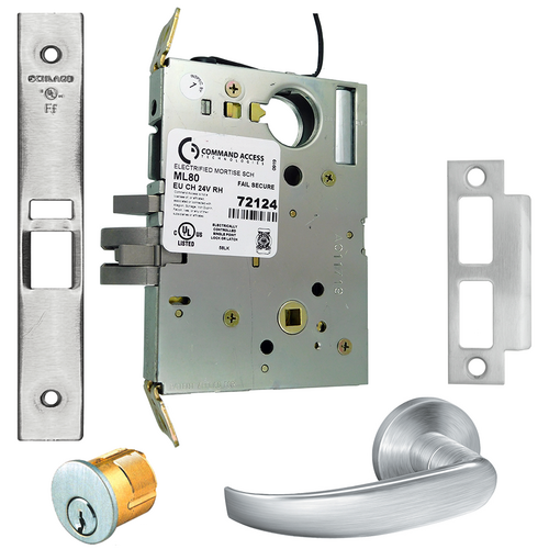Command ML80EU-24-17A-626-SC Schlage 17A Electrified Mortise Lock, 24V Fail Secure, C Keyway, Satin Chrome