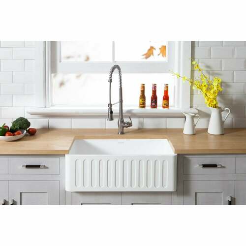 Kingston Brass GKFA301810RM Gourmetier Matte White Solid Surface Farmhouse Single Bowl Kitchen Sink