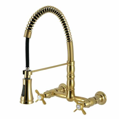 Kingston Brass GS1247BEX Essex Double-Handle Wall-Mount Pre-Rinse Kitchen Faucet, Brushed Brass