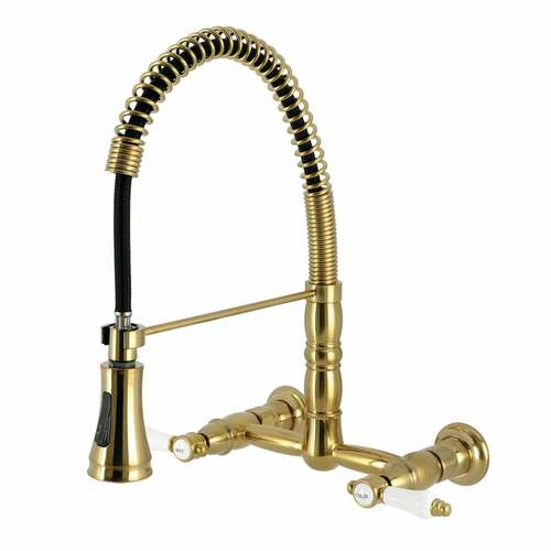 Kingston Brass GS1247BPL Bel-Air Double-Handle Wall-Mount Pre-Rinse Kitchen Faucet, Brushed Brass