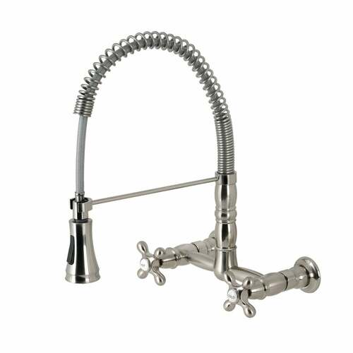 Kingston Brass GS1248AX Gourmetier Heritage Double-Handle Wall-Mount Pre-Rinse Faucet, Brushed Nickel