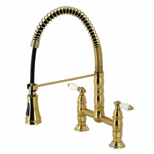 Kingston Brass GS1277PL Gourmetier Heritage Double-Handle Pre-Rinse Kitchen Faucet, Brushed Brass