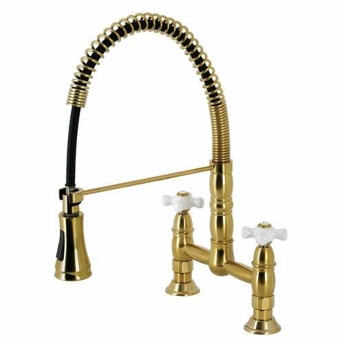 Kingston Brass GS1277PX Gourmetier Heritage Double-Handle Pre-Rinse Kitchen Faucet, Brushed Brass