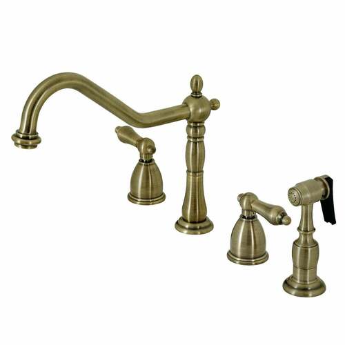 Kingston Brass KB1793ALBS Heritage Double-Handle Widespread Kitchen Faucet with Brass Sprayer, Antique