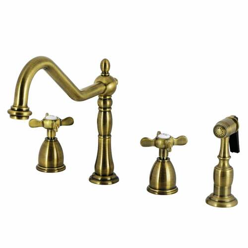 Kingston Brass KB1793BEXBS Essex Double-Handle Widespread Kitchen Faucet with Brass Sprayer, Antique Brass