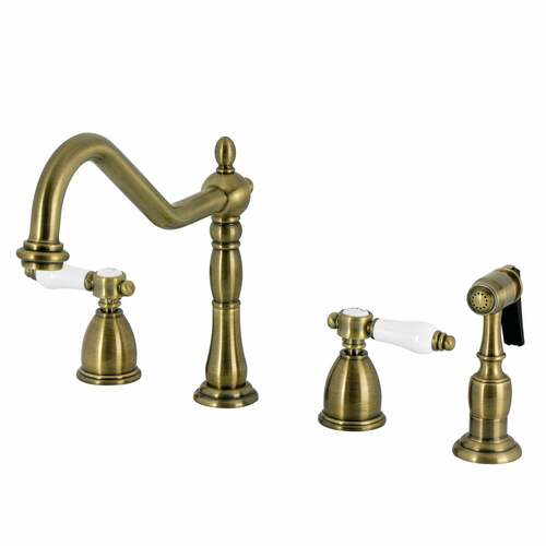 Kingston Brass KB1793BPLBS Bel-Air Antique Brass Double-Handle Widespread Kitchen Faucet with Sprayer