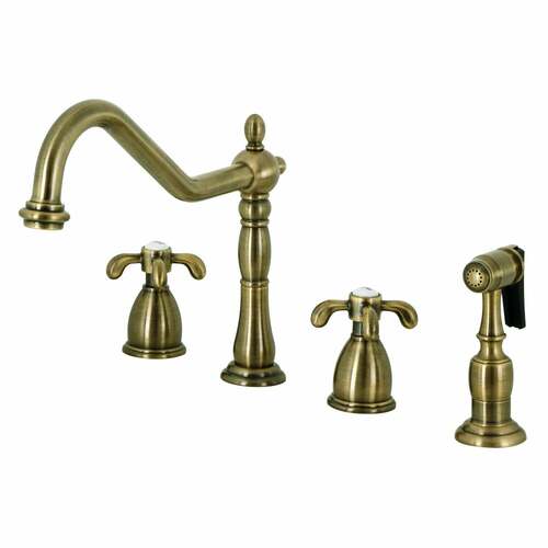 Kingston Brass KB1793TXBS French Country Double-Handle Widespread Kitchen Faucet with Sprayer, Antique Brass