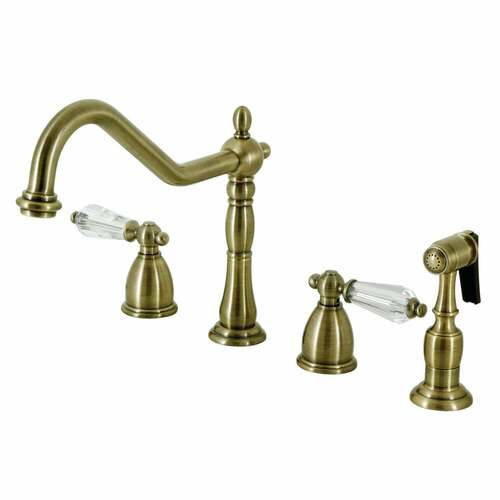 Kingston Brass KB1793WLLBS Wilshire Double-Handle Widespread Kitchen Faucet with Brass Sprayer, Antique Brass