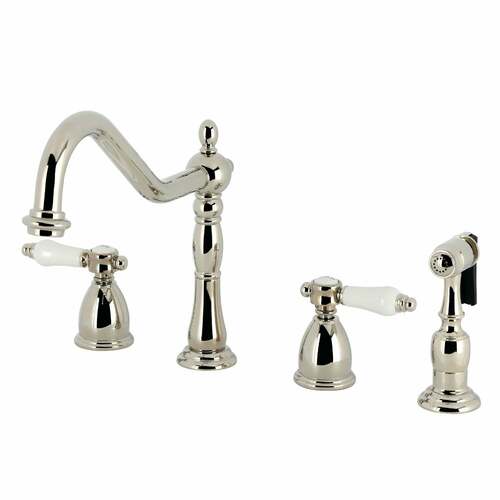Kingston Brass KB1796BPLBS Bel-Air Double-Handle Widespread Kitchen Faucet with Brass Sprayer, Nickel