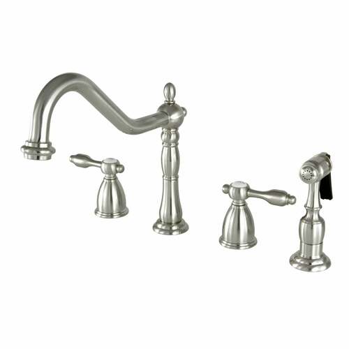 Kingston Brass KB1798TALBS Tudor Double-Handle Widespread Kitchen Faucet with Brass Sprayer, Nickel