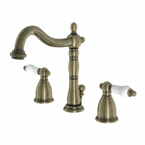 Kingston Brass KB1973PL Heritage Widespread Bathroom Faucet, Antique Brass with Pop-Up
