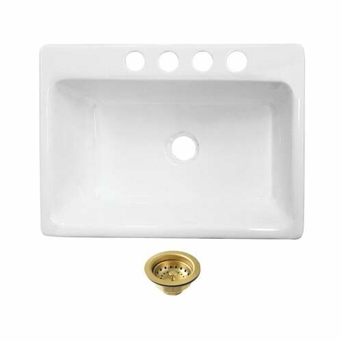 Kingston Brass KGCKUS3622117 KGCKUS3622117 Cast Iron Undermount Kitchen Sink, 4-Hole, White/Brass