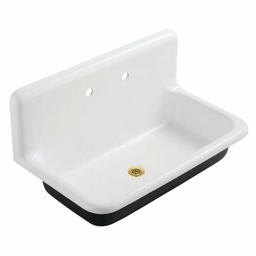Kingston Brass KGCLWS3620197 Petra Galley Cast Iron Wall-Mount Utility Sink, White/Brushed Brass
