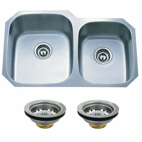 Kingston Brass KGKUD3221 Brushed Undermount Stainless Steel Double Bowl Kitchen Sink Combo with Strainers